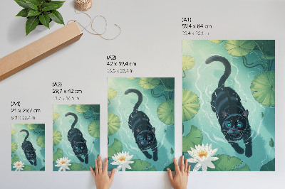 Affiche décorative Chat dans l'eau, délicates feuilles de nénuphar