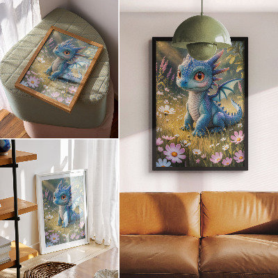 Décoration murale Un dragon bleu fantaisie parmi les fleurs