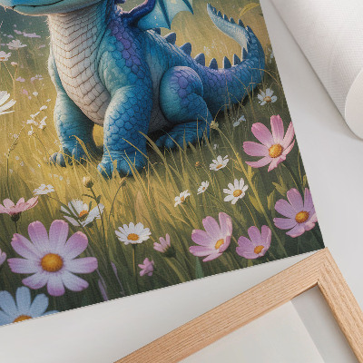 Décoration murale Un dragon bleu fantaisie parmi les fleurs