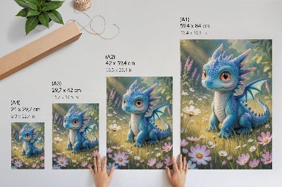 Décoration murale Un dragon bleu fantaisie parmi les fleurs