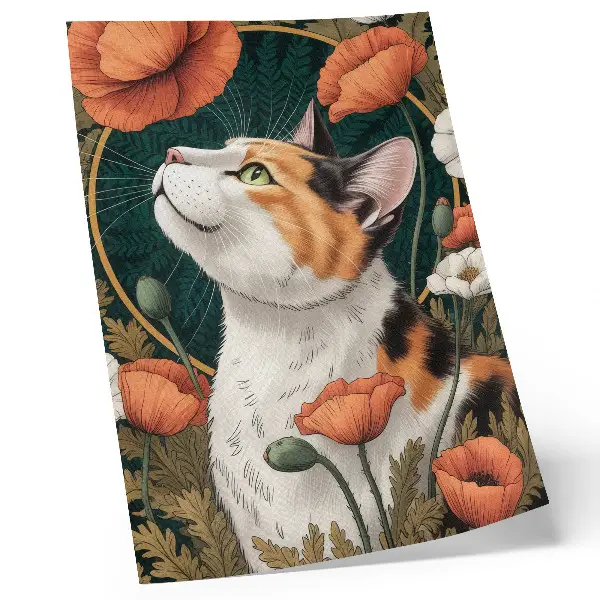 Décoration murale représentant un chat parmi des coquelicots dans un style illustré nature