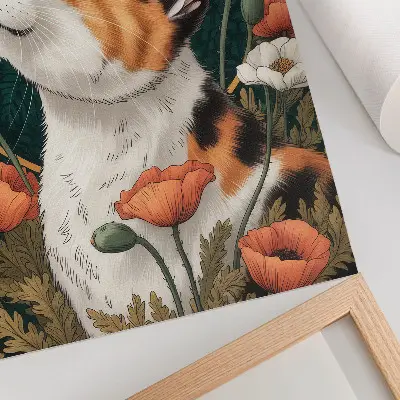 Décoration murale représentant un chat parmi des coquelicots dans un style illustré nature