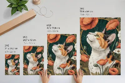 Décoration murale représentant un chat parmi des coquelicots dans un style illustré nature