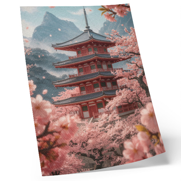 Affiche décorative Pagode de cerisiers en fleurs, montagnes, atmosphère romantique
