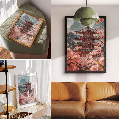 Affiche décorative Pagode de cerisiers en fleurs, montagnes, atmosphère romantique