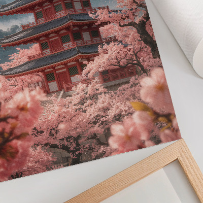 Affiche décorative Pagode de cerisiers en fleurs, montagnes, atmosphère romantique