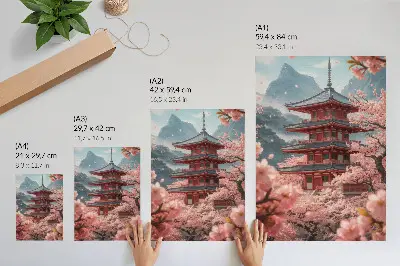 Affiche décorative pagode avec cerisiers en fleurs et montagnes dans une atmosphère romantique