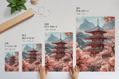 Affiche décorative Pagode de cerisiers en fleurs, montagnes, atmosphère romantique