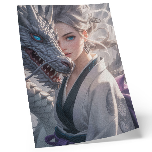 Affiche décorative dragon aux cheveux d'argent, détails délicats