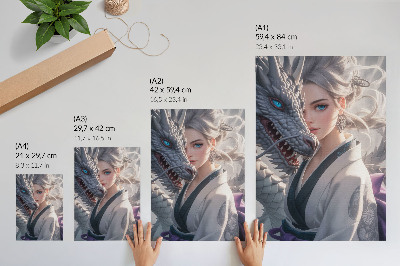 Affiche décorative dragon aux cheveux d'argent, détails délicats
