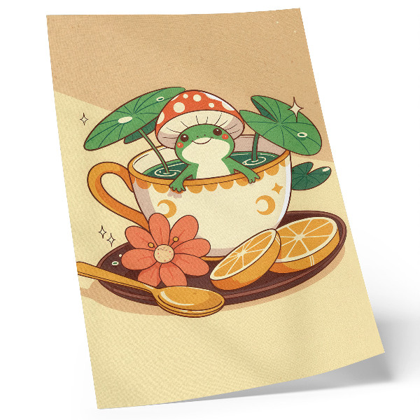 Impression sur toile Grenouille dans une coupe de fleurs, d'oranges et de feuilles