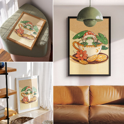 Impression sur toile Grenouille dans une coupe de fleurs, d'oranges et de feuilles
