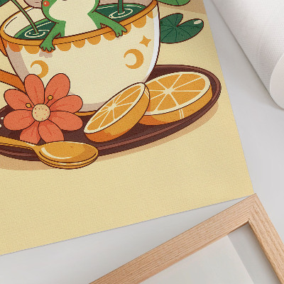 Impression sur toile Grenouille dans une coupe de fleurs, d'oranges et de feuilles