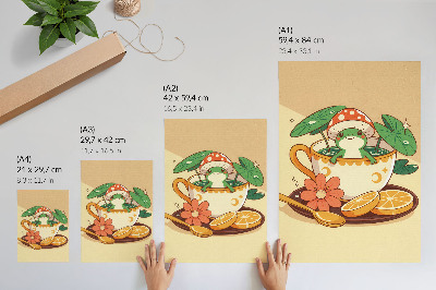 Impression sur toile Grenouille dans une coupe de fleurs, d'oranges et de feuilles