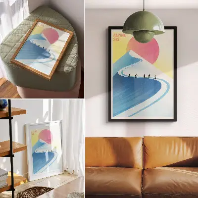 Affiche décorative scène minimaliste avec des skieurs et le ciel