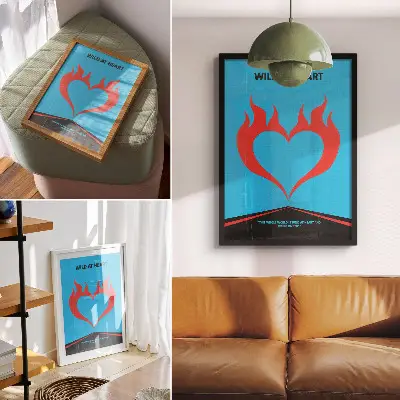 Décoration murale au thème moderne avec flammes rouges et cœur sur fond bleu