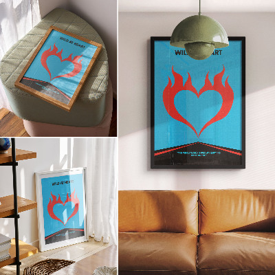 Décoration murale Thème moderne avec des flammes rouges, un cœur et un fond bleu