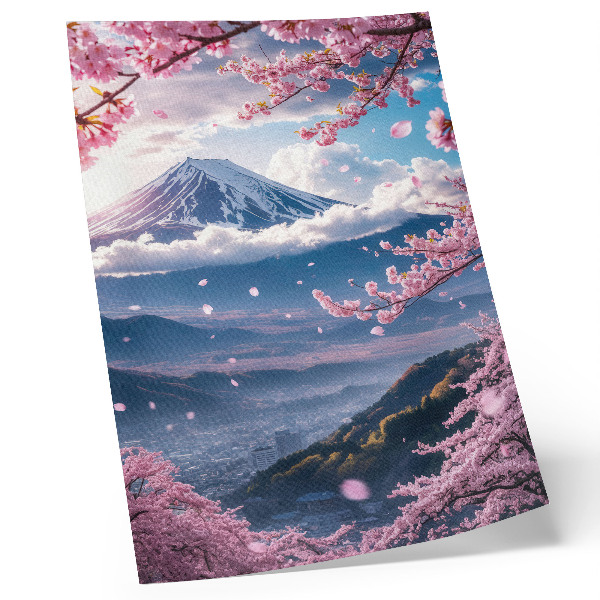 Impression sur toile Montagnes et cerisiers en fleurs sous un ciel rose