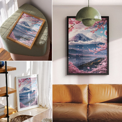 Impression sur toile Montagnes et cerisiers en fleurs sous un ciel rose