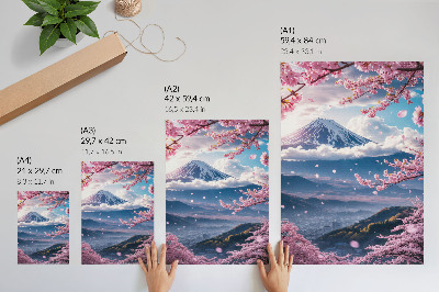 Impression sur toile Montagnes et cerisiers en fleurs sous un ciel rose