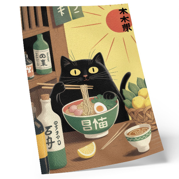 Impression sur toile Chat avec ramen et citrons, thème japonais, ambiance intemporelle