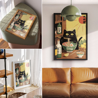 Impression sur toile Chat avec ramen et citrons, thème japonais, ambiance intemporelle