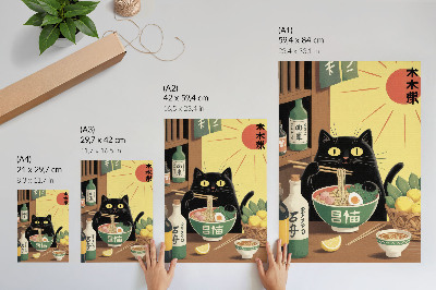 Impression sur toile Chat avec ramen et citrons, thème japonais, ambiance intemporelle