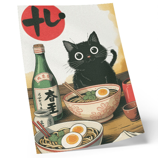 Affiche décorative Bouteille de saké ramen à motif de chat noir, style japonais