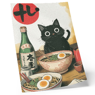 Affiche décorative Bouteille de saké ramen à motif de chat noir, style japonais
