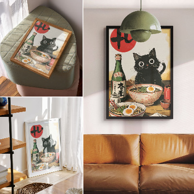 Affiche décorative Bouteille de saké ramen à motif de chat noir, style japonais