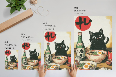 Affiche décorative Bouteille de saké ramen à motif de chat noir, style japonais