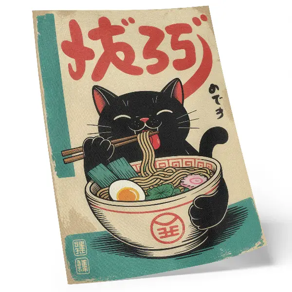 Décoration murale bol de ramen motif chat noir style rétro japonais