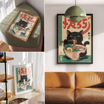 Décoration murale bol de ramen motif chat noir style rétro japonais