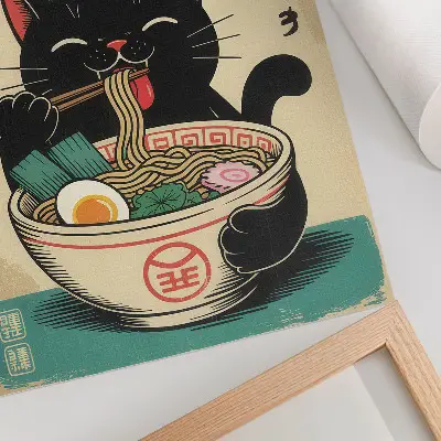 Décoration murale bol de ramen motif chat noir style rétro japonais