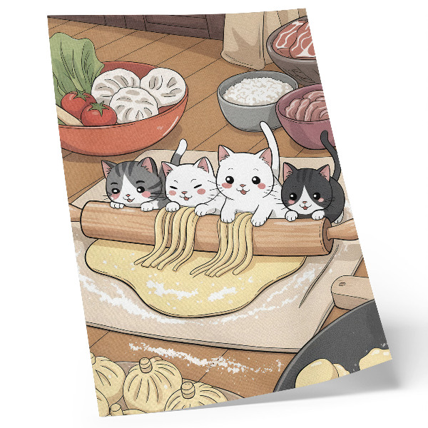 Impression sur toile Illustration de chatons dans la cuisine aux tons chauds