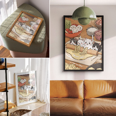 Impression sur toile Illustration de chatons dans la cuisine aux tons chauds