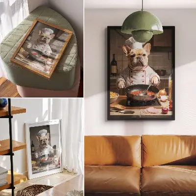 Affiche décorative un bouledogue dans la cuisine au style surréaliste et drôle