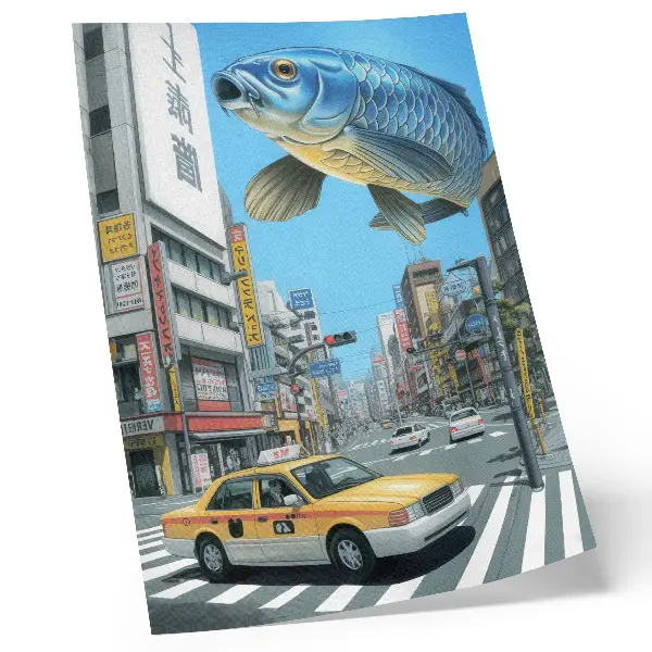 Décoration murale surréalisme urbain avec poissons dans une rue moderne