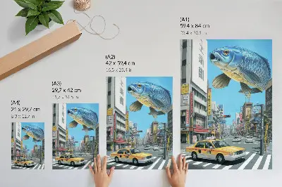 Décoration murale surréalisme urbain avec poissons dans une rue moderne