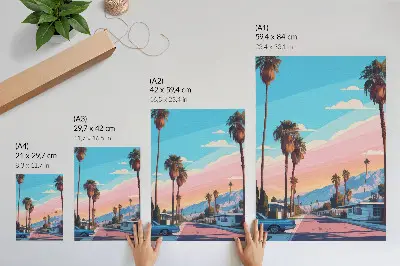Décoration murale représentant des palmiers colorés dans une rue moderne et paisible