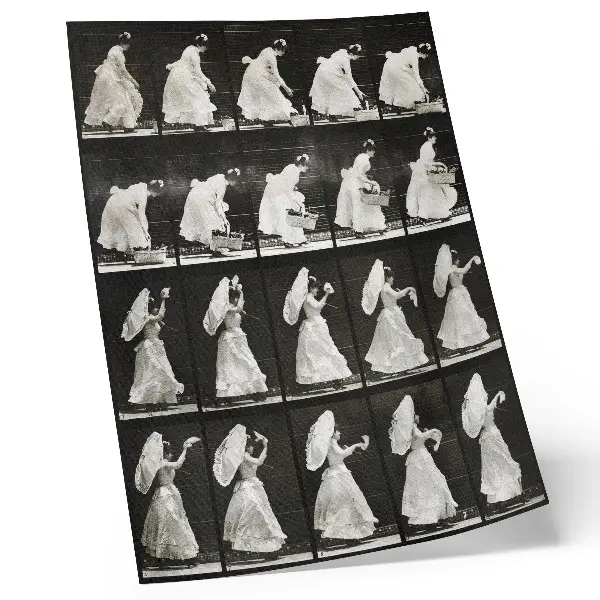 Affiche décorative femme soulevant un panier et agitant un mouchoir (1887) par Eadweard Muybridge