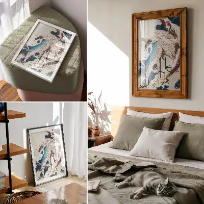 Affiche décorative Grues dans un arbre enneigé gravure sur bois ancienne de Katsushiki Hokusai datant de 1834