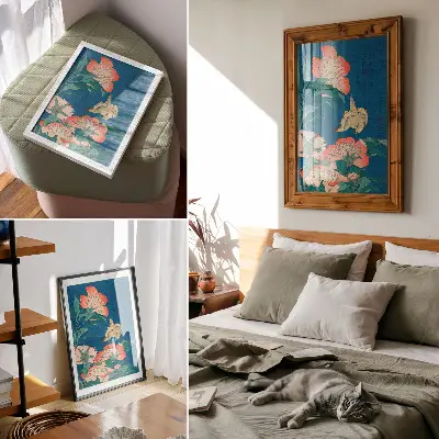 Impression sur toile représentant Pivoines et canari par Katsushiki Hokusai de 1834 d'après une gravure sur bois ancienne