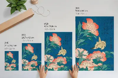 Impression sur toile représentant Pivoines et canari par Katsushiki Hokusai de 1834 d'après une gravure sur bois ancienne
