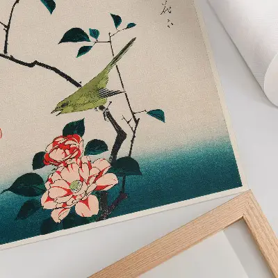 Impression sur toile représentant l'illustration Ukiyo-e de Camélia et Rossignol par Utagawa Hiroshige (1797-1858)