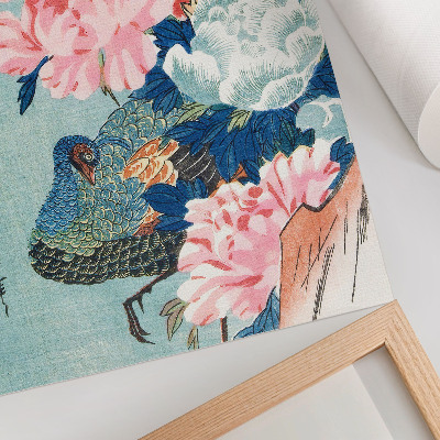 Affiche décorative Paon et pivoines, estampe japonaise ancienne sur bois d'Utagawa Hiroshige