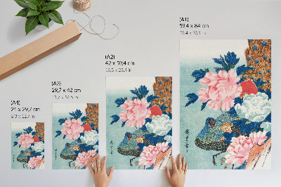 Affiche décorative Paon et pivoines, estampe japonaise ancienne sur bois d'Utagawa Hiroshige