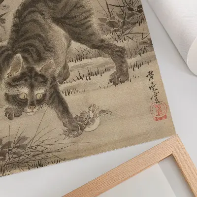Affiche décorative représentant un chat attrapant une grenouille par Kawanabe Kyosai