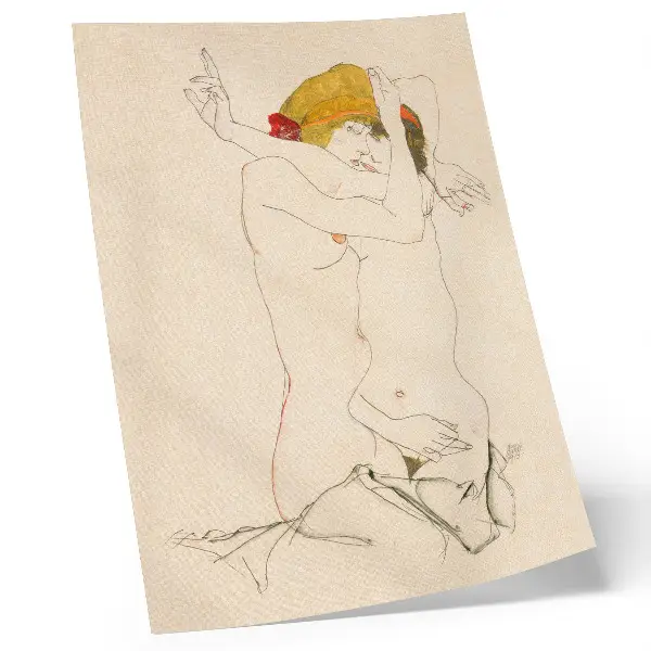 Décoration murale représentation de Deux femmes enlacées d'Egon Schiele, un dessin au trait de 1913 issu de la collection du MET
