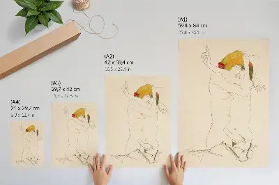 Décoration murale représentation de Deux femmes enlacées d'Egon Schiele, un dessin au trait de 1913 issu de la collection du MET